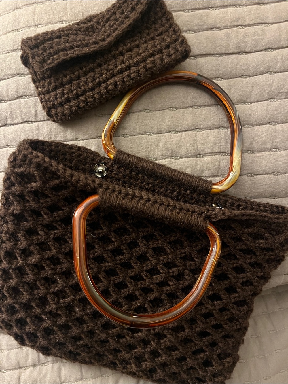 Handmade Brown Crochet Tote with Tortoiseshell Handles
